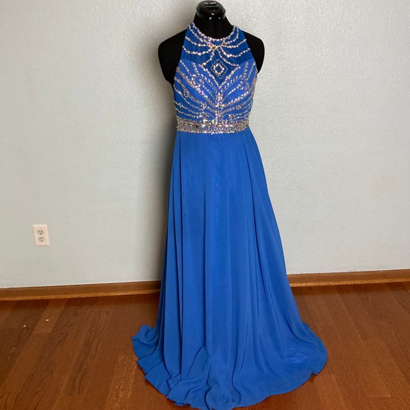6 M Beaded Rhinestone Backless Blue Chiffon Long High Neck Prom Formal dress - Picture 1 of 16